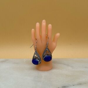 Vintage lapis cabochon stone pendant earrings silver 925 - 00G04T